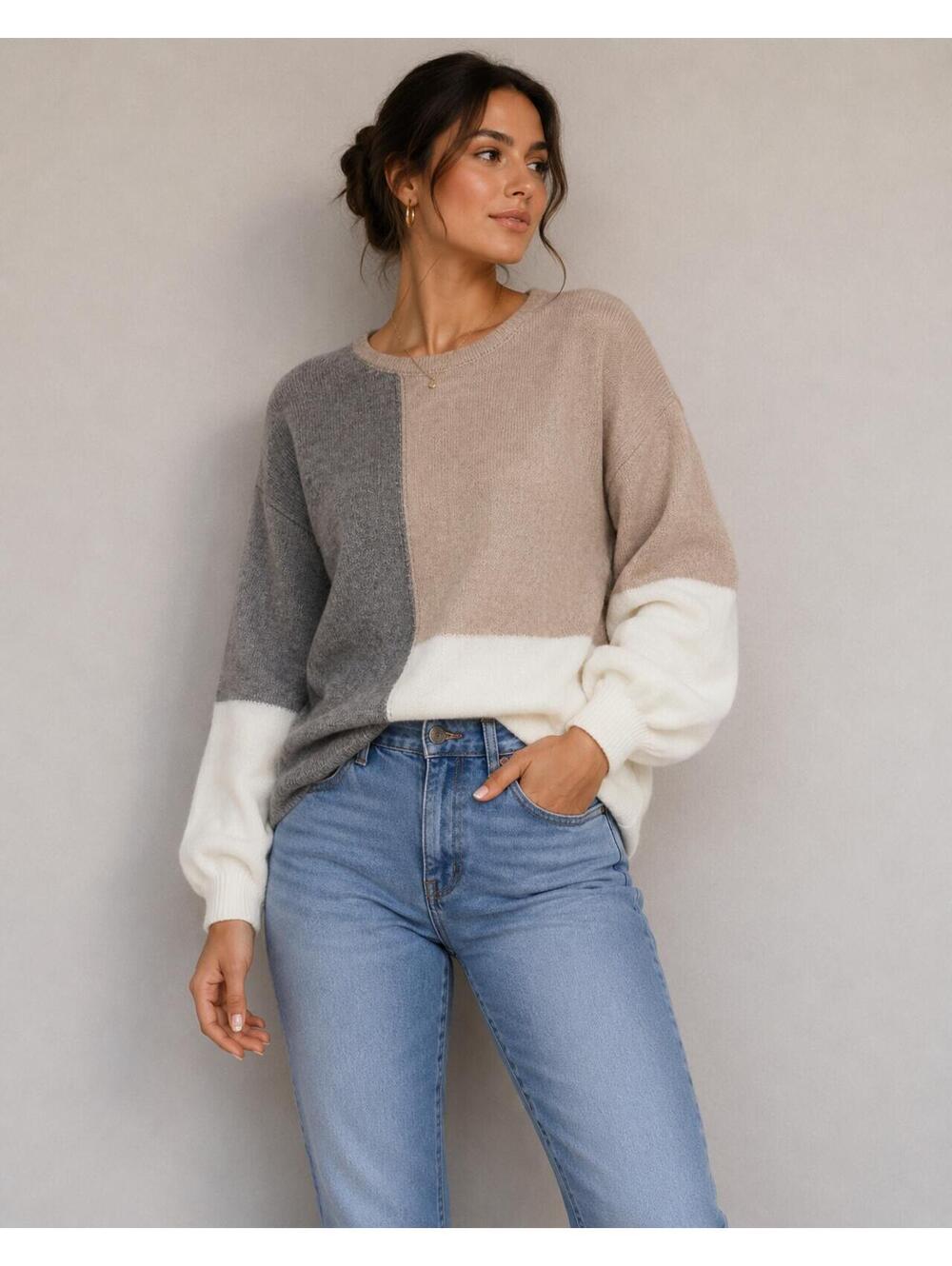 Miracle‎ USA Color Block Knit Sweater S/M Oatmeal Gray Cream